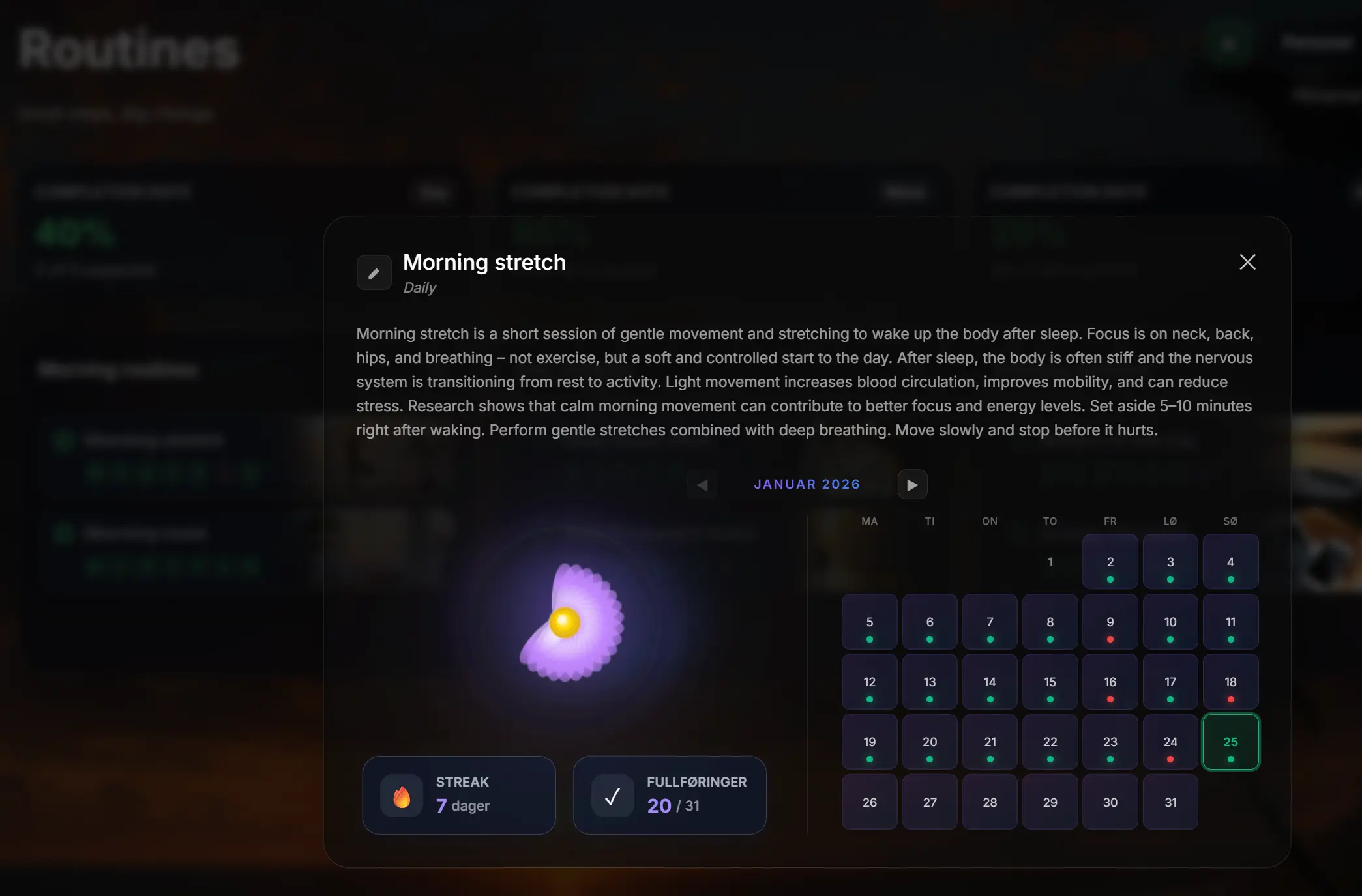 Monthly overview of routine completion with visual dots